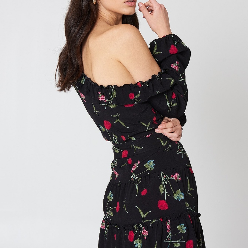 Black Floral Asymmetric Dress - Picture 3 of 4